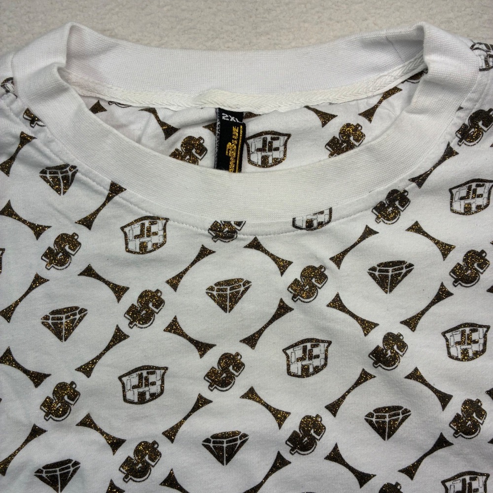 Y2K Raw Blue AOP T Shirt Mens 2XL White Gold Dollar Sign Money Diamond Glitter